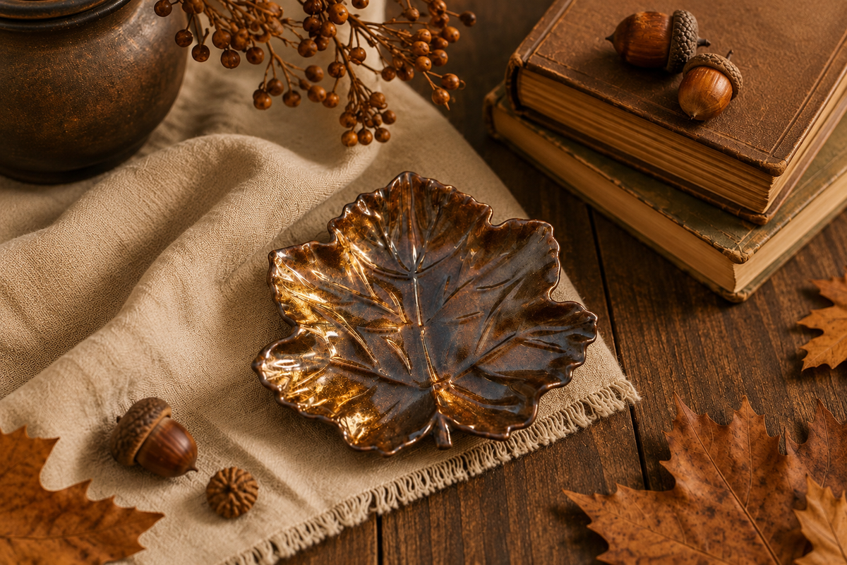 Vide-poche en résine époxy en forme de feuille aux reflets ambrés et bruns, posé sur un tissu beige, entouré de glands, de livres anciens et de feuilles d’automne.