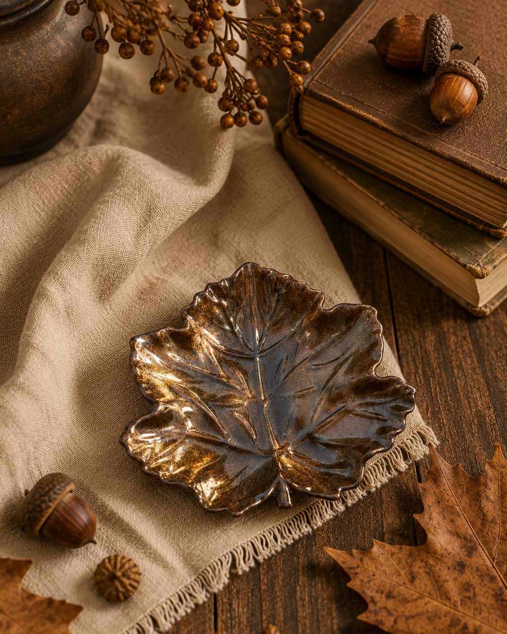 La Feuille, vide-poche en résine époxy fait main, présenté dans une décoration automnale avec feuilles mortes, glands et livres anciens.