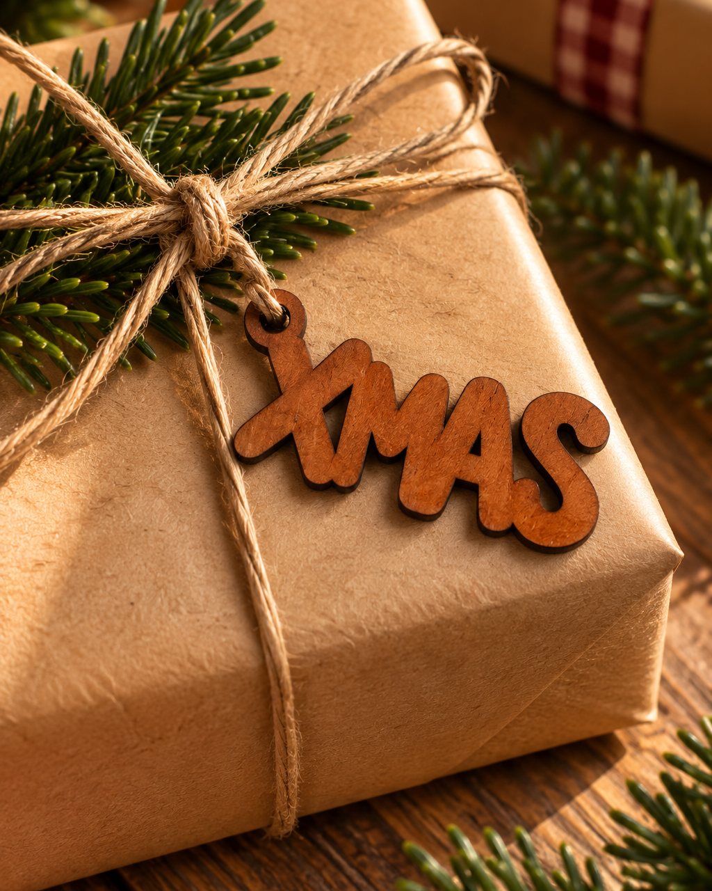 Petit mot Xmas en bois de padouk, utilisé comme décoration sur un paquet cadeau de Noël en papier kraft, accompagné de ficelle et de verdure.